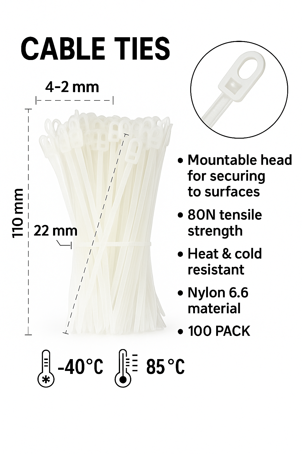 PatchHub Mountable Head Cable Ties – 100 Pack, White | 110mm x 3.5mm Nylon Zip Ties